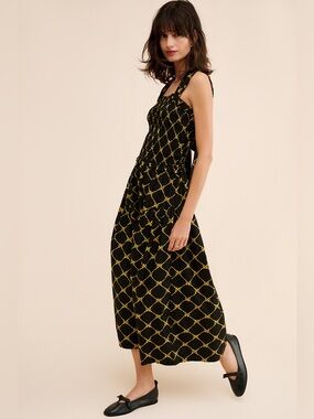 Damson Madder NWT Violet Midi Dress with Black and Gold Bow Pattern